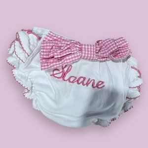 EUC "Sloane" Embroidered Pink and White Ruffle Diaper Cover with Gingham Bow